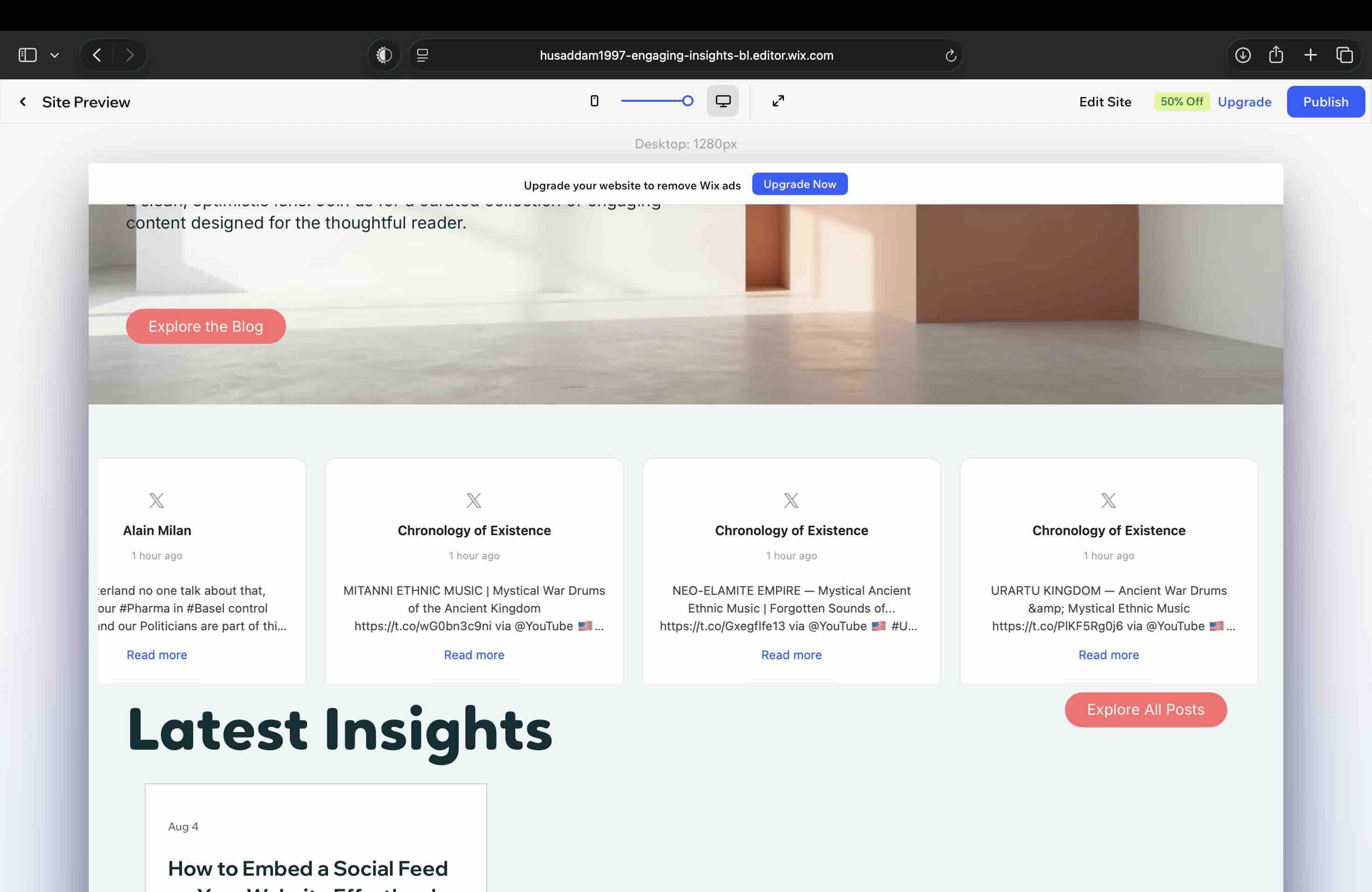 An X feed rendering as four cards across the full width of a Wix page in Wix Site Preview at 1280 pixels desktop width