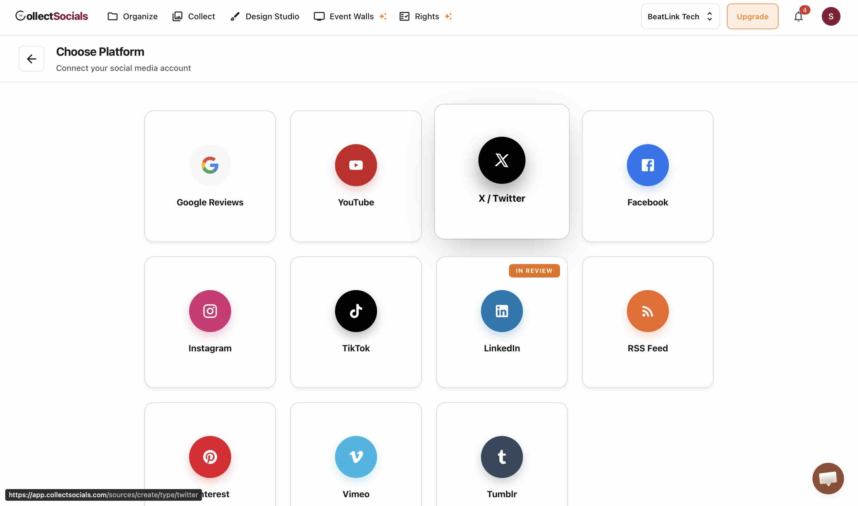 The CollectSocials Choose Platform screen showing source tiles for Google Reviews, YouTube, X / Twitter, Facebook, Instagram, TikTok, LinkedIn, RSS Feed, Pinterest, Vimeo and Tumblr