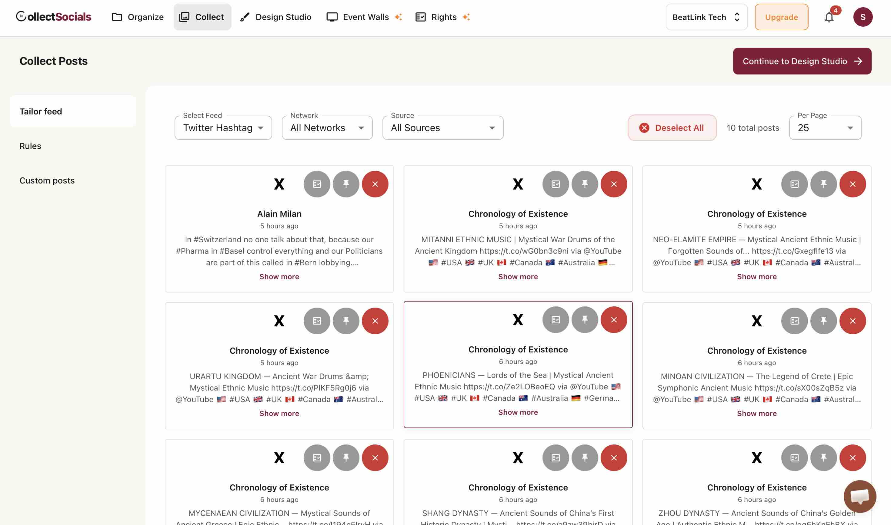 CollectSocials Collect Posts page showing X tweets with pin and reject moderation buttons on each post