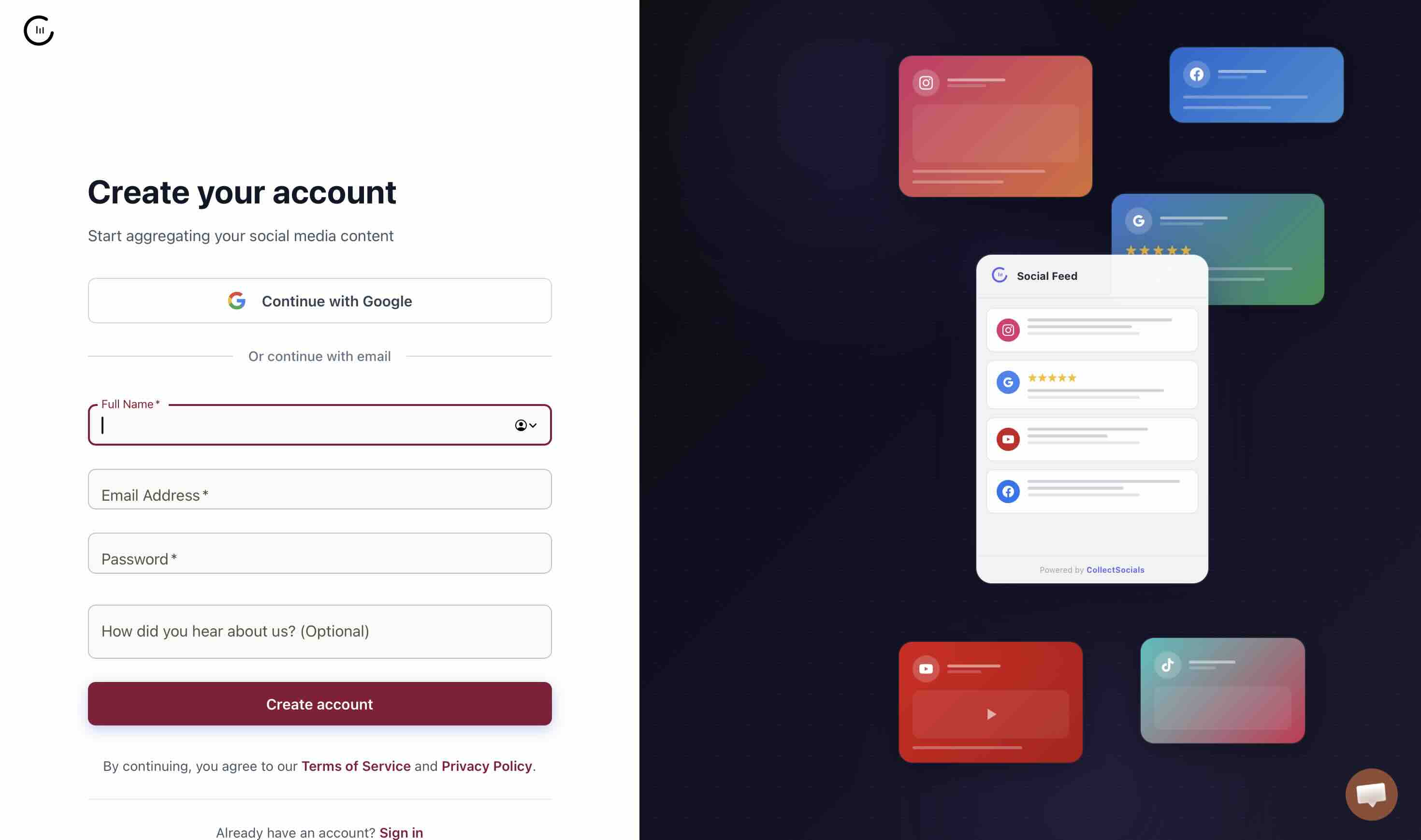 The CollectSocials Create your account screen offering Google sign-in or email registration
