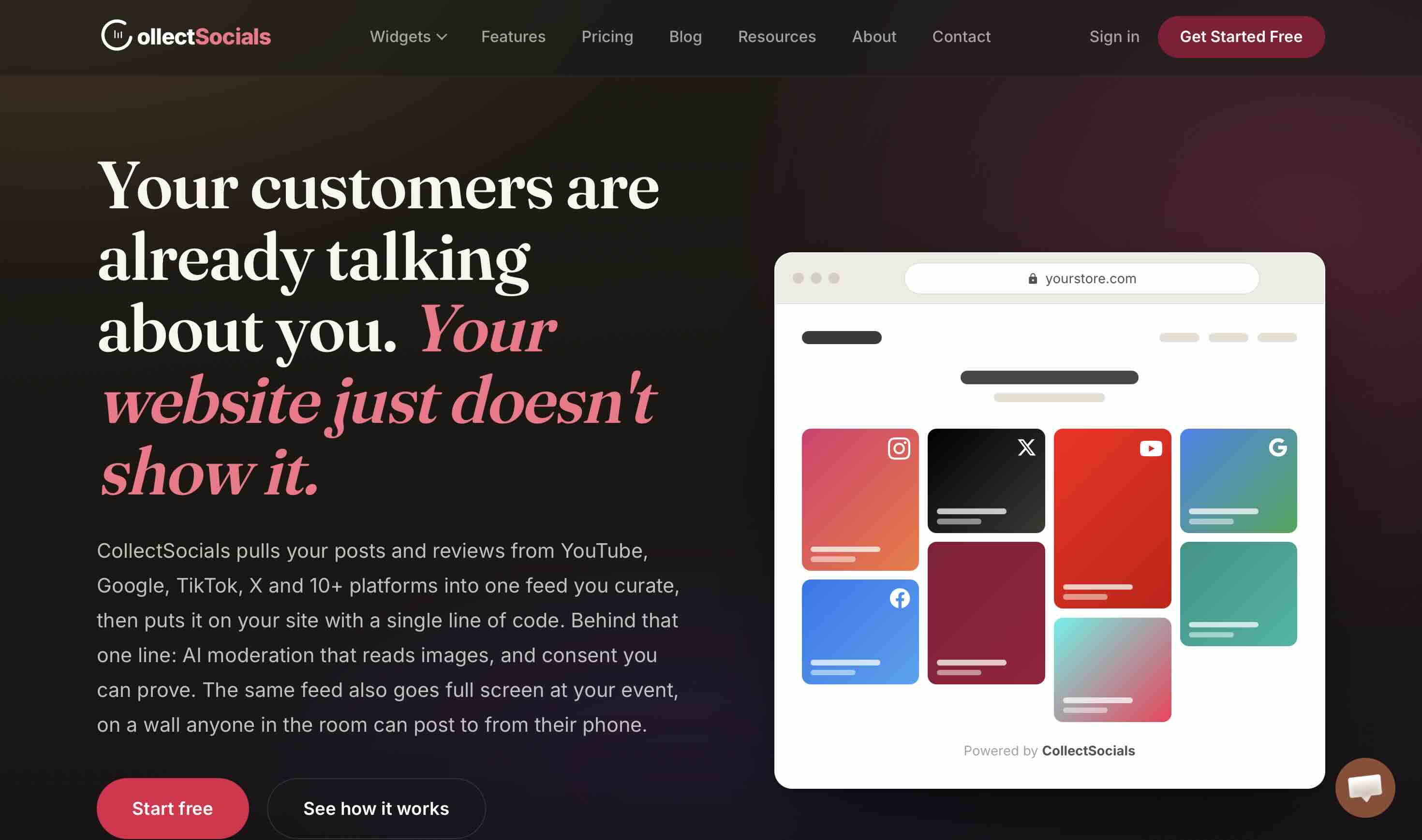 The CollectSocials homepage with Start free and See how it works buttons and a mockup of a social feed widget on a storefront