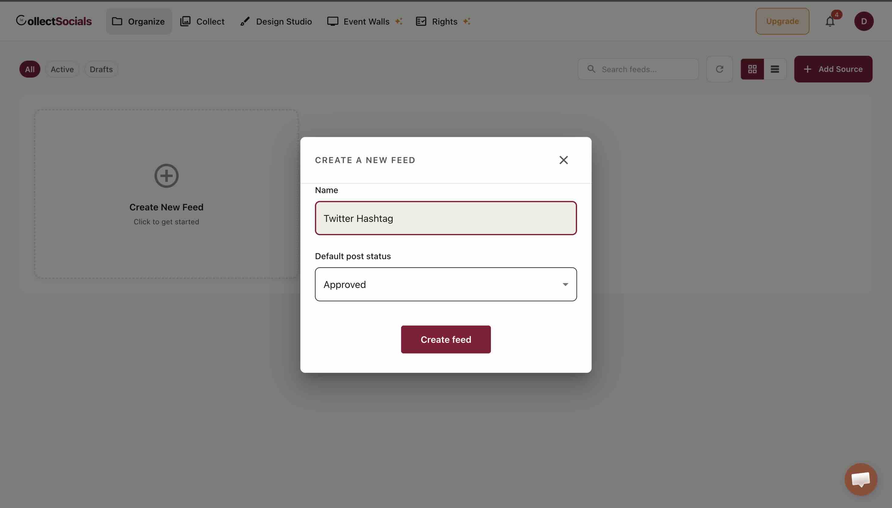 The Create a new feed dialog in CollectSocials with a feed name entered and the Default post status dropdown set to Approved