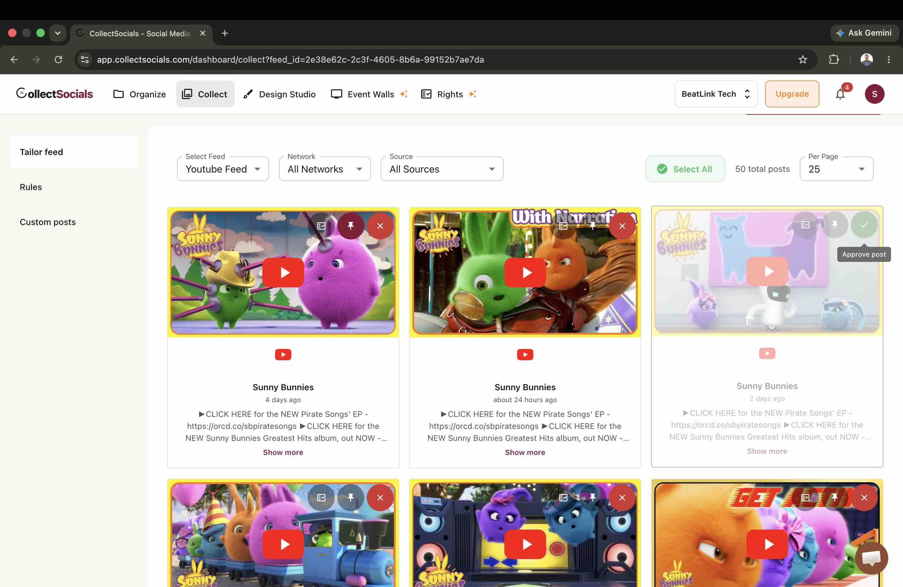 CollectSocialsのCollectページ。収集されたYouTube動画が動画ごとの承認・ピン留め・除外ボタンとともに並び、合計50件と表示されている