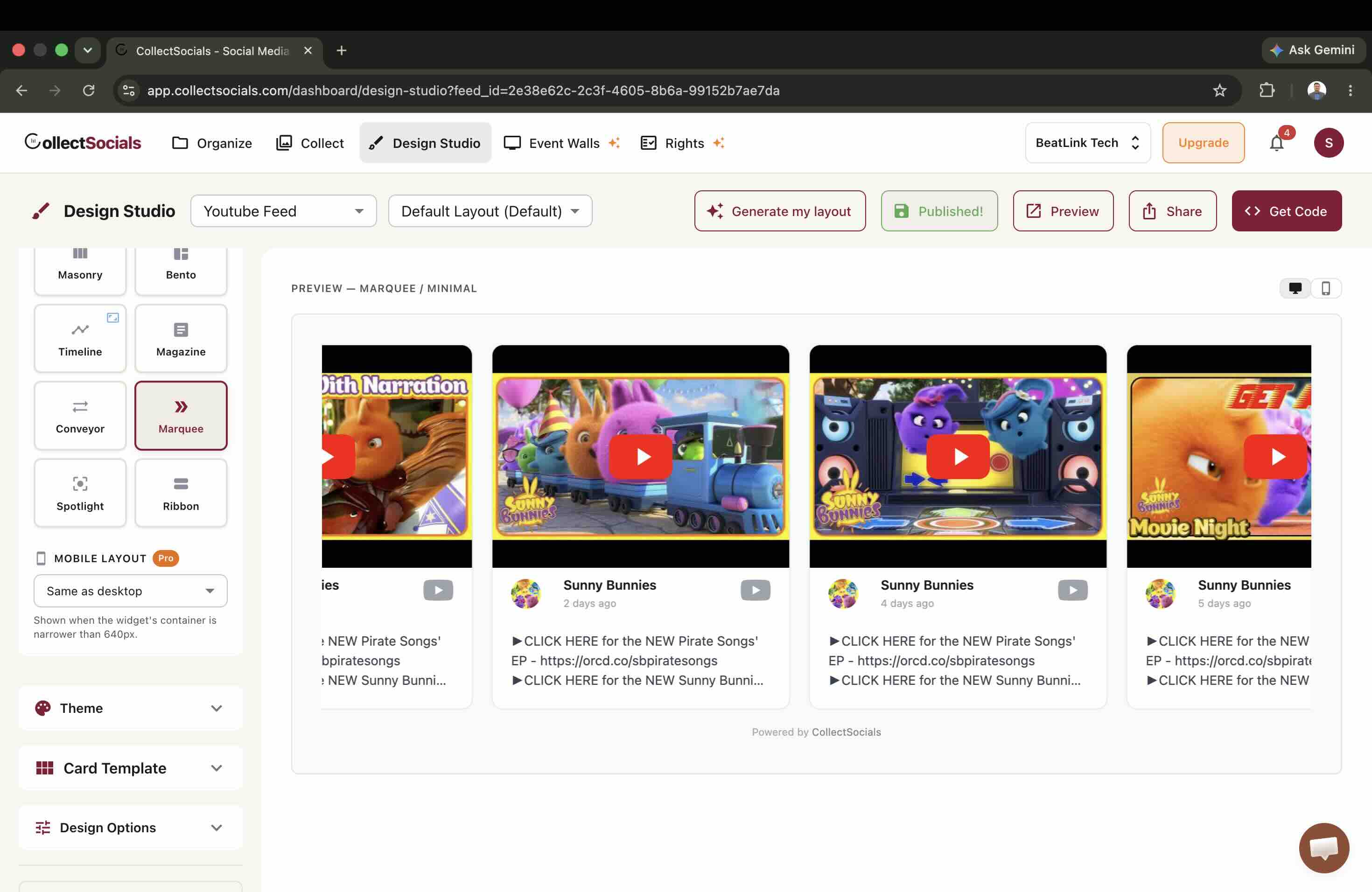CollectSocialsのDesign StudioでYouTubeフィードをMarqueeレイアウトで表示し、Preview・Share・Get Codeの各ボタンとPublished!の状態が見えている画面