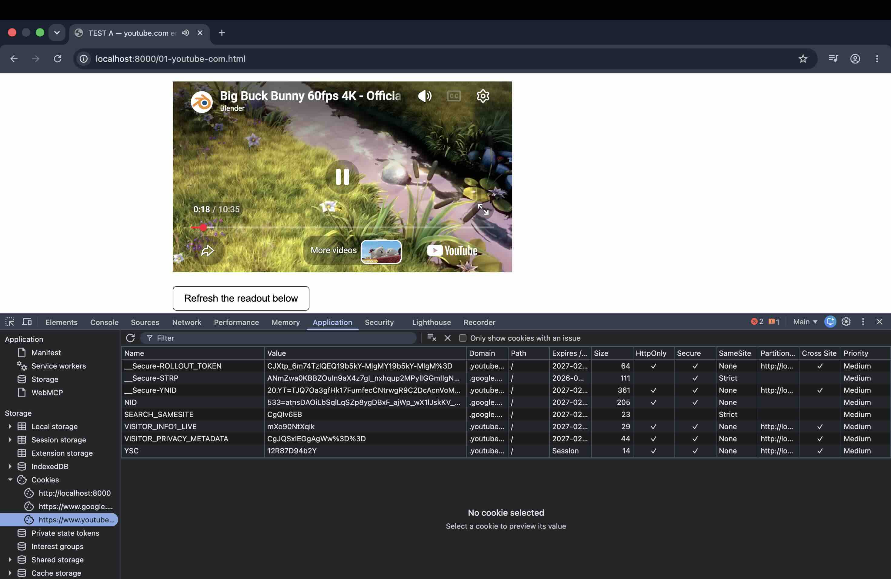 動画を再生中の状態で、同じ8つのCookieが同じ値のまま表示されているChrome DevToolsの画面