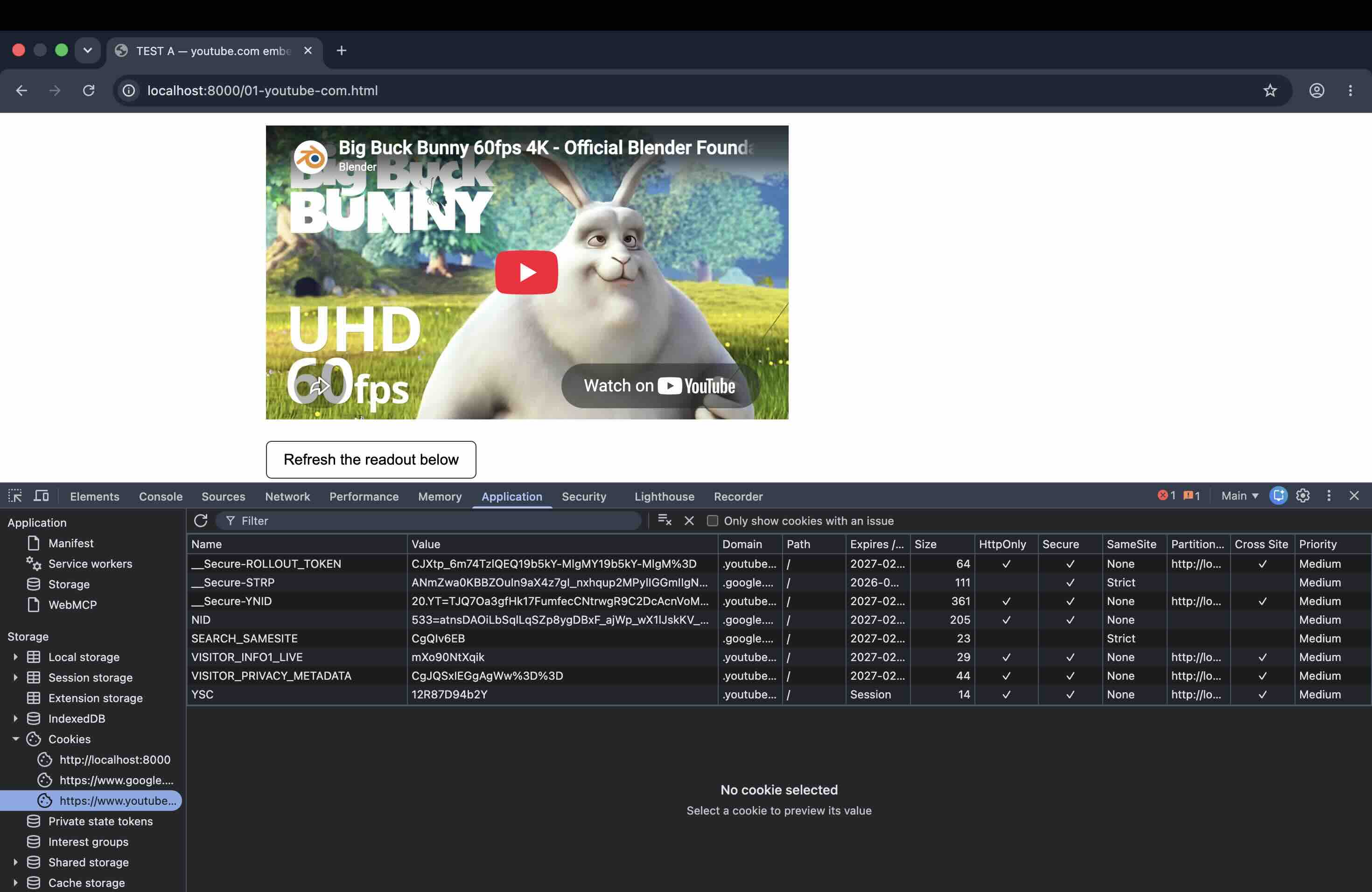 標準のyoutube.com埋め込みが再生前に書き込んだ8つのCookieをChrome DevToolsのApplicationパネルで表示した画面。.youtube.comが5つ、.google.comが3つ