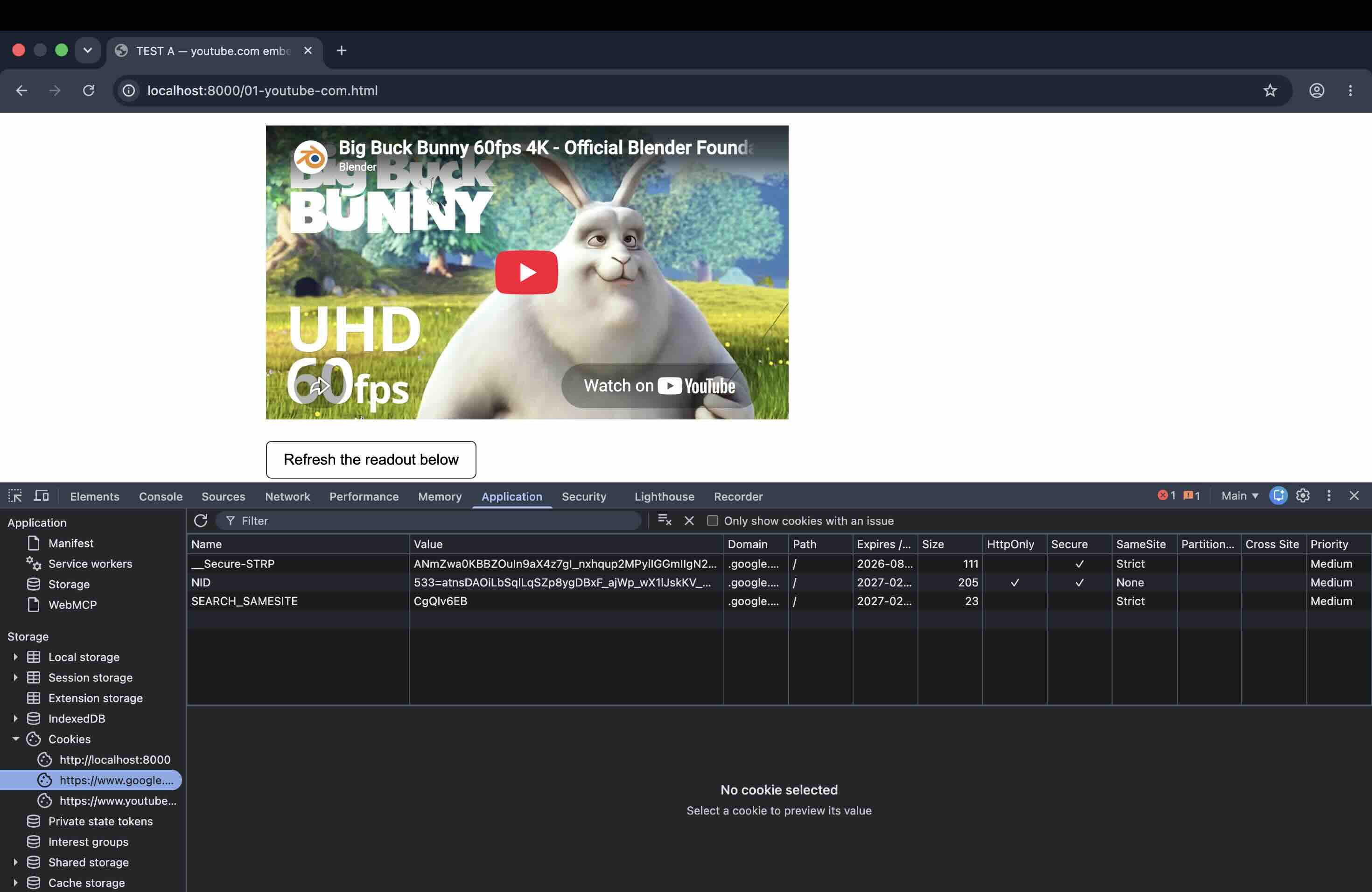 標準のyoutube.com埋め込みが再生前に設定した3つの.google.com CookieをChrome DevToolsのApplicationパネルで一覧表示した画面