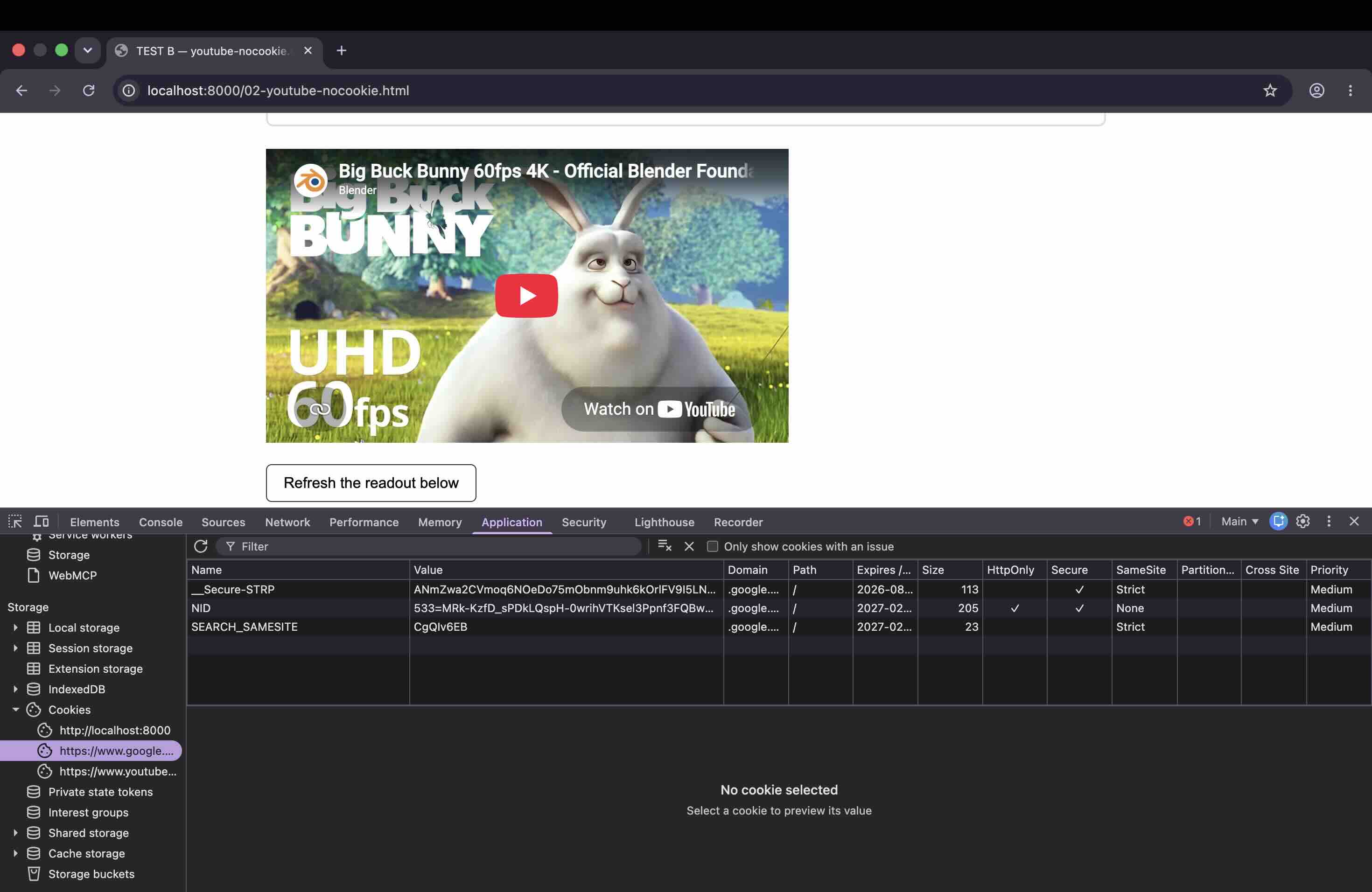 youtube-nocookie.comの埋め込みが再生前に同じ3つの.google.com Cookieを設定していることを示すChrome DevToolsの画面
