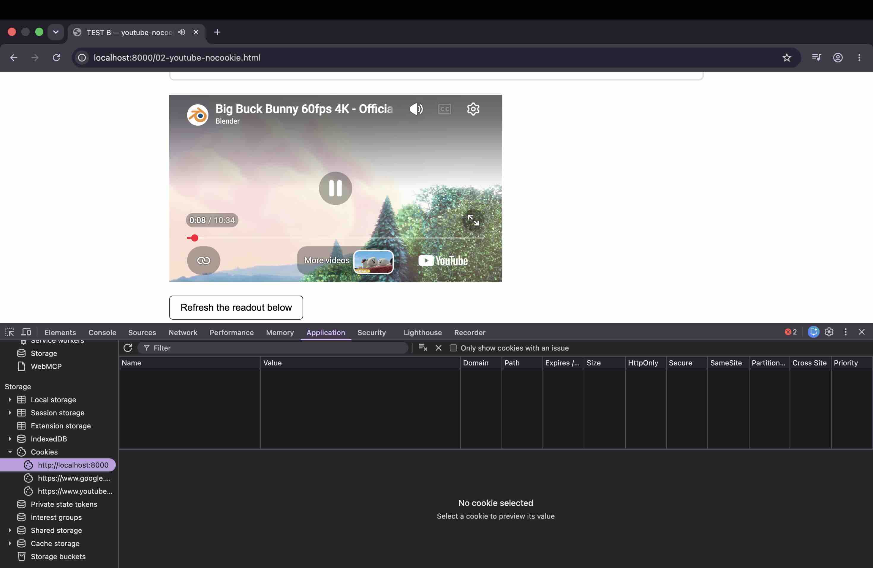 埋め込み動画を再生中でも、ホストページ自身のCookieストアが完全に空であることを示すChrome DevToolsの画面