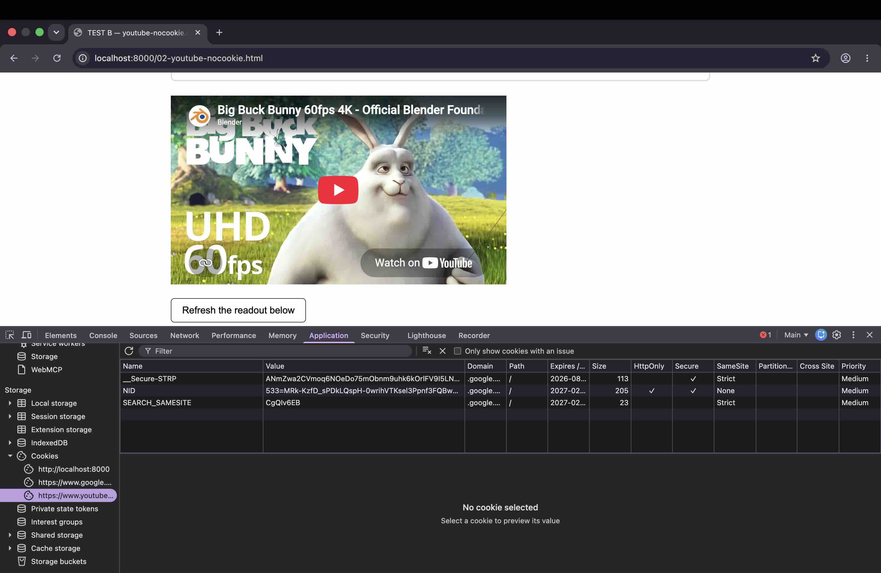 youtube-nocookie.comの埋め込みフレームに.google.comのCookieが3つだけ表示され、.youtube.comのCookieが存在しないChrome DevToolsの画面