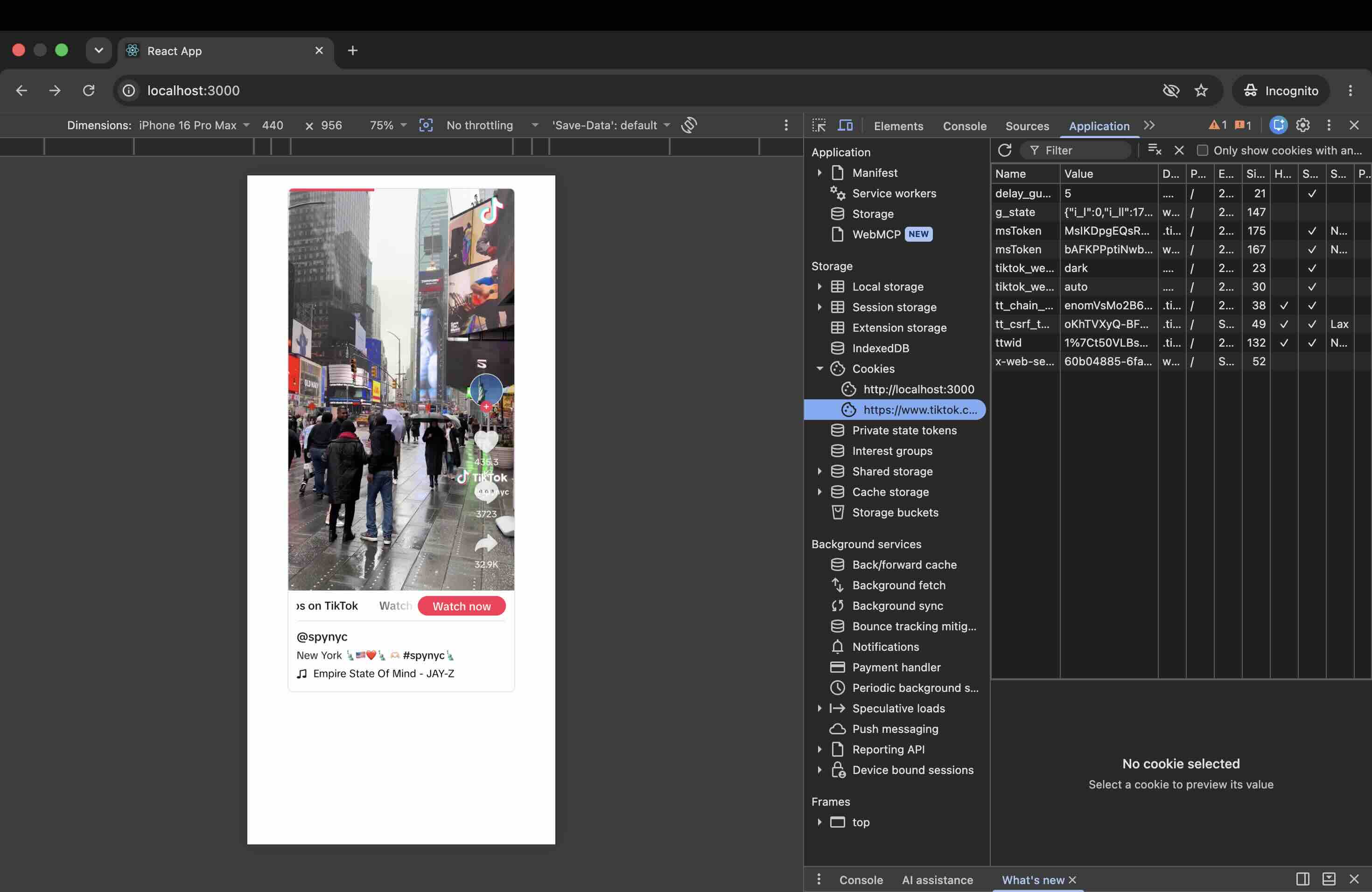 Chrome DevTools Application panel showing around ten cookies set on the tiktok.com store by an embedded TikTok video with no interaction