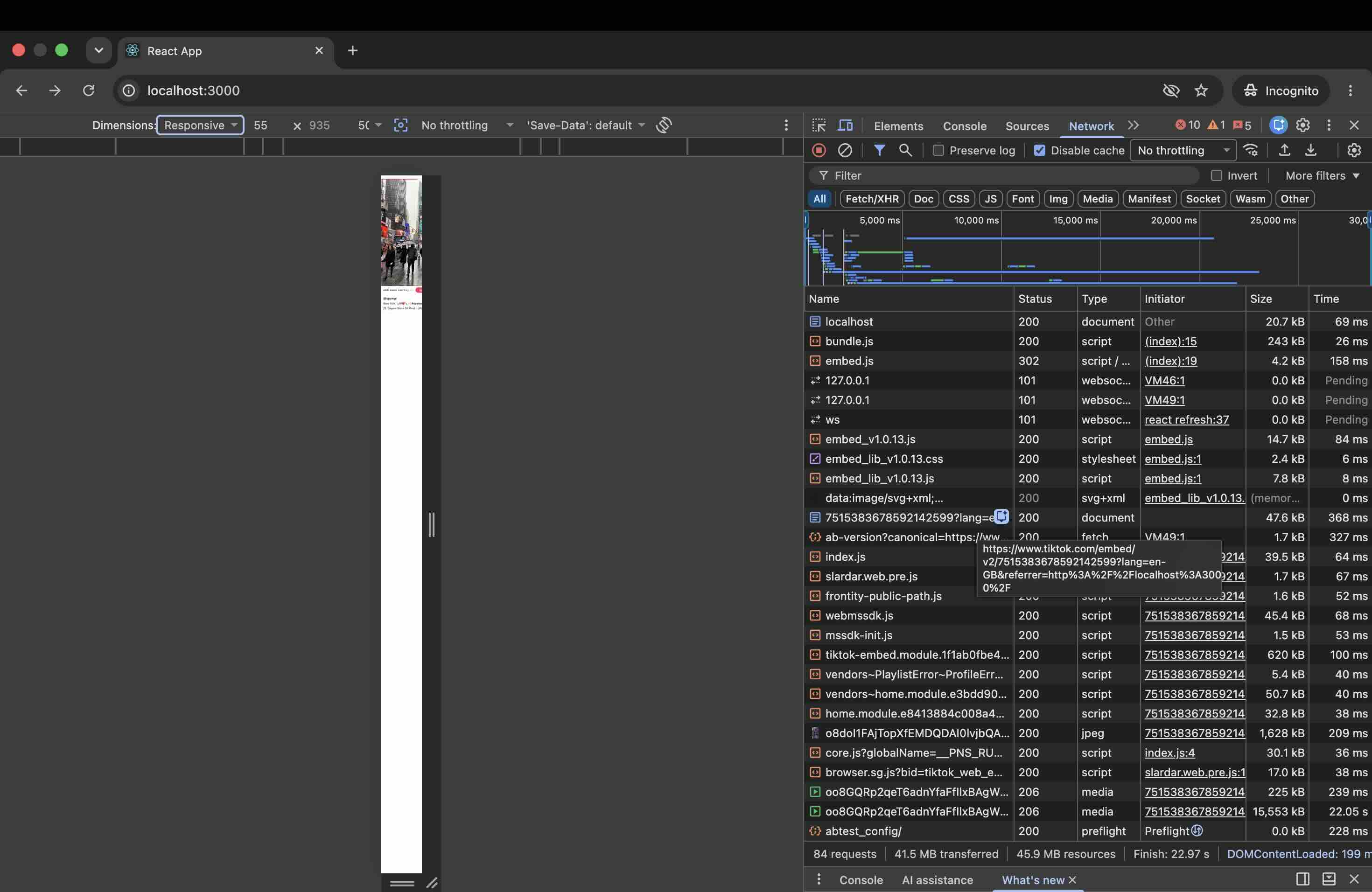 Chrome DevTools Network panel showing 84 requests and 41.5 MB transferred for a page carrying a single TikTok embed, with a 15,553 kB media response