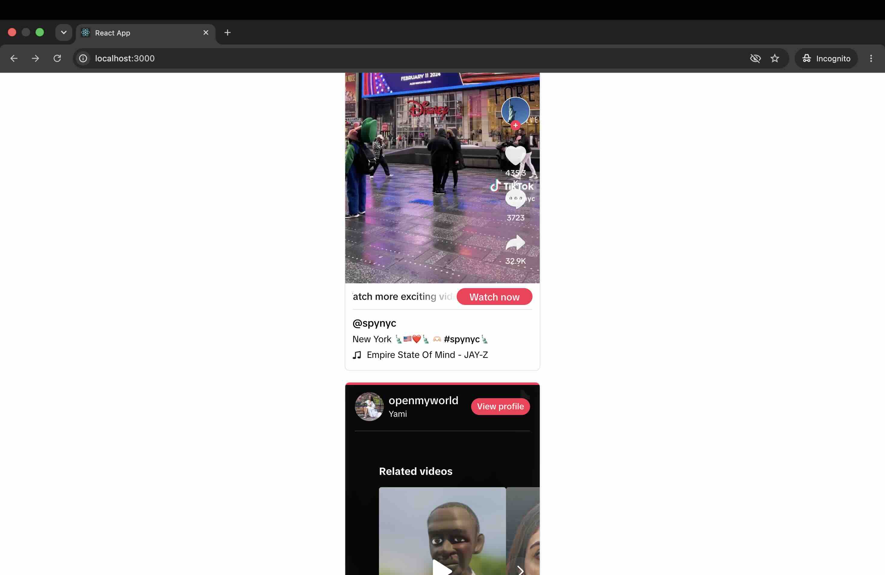 Two stacked TikTok official embeds on a test page, the second showing a Related videos panel with other creators' videos